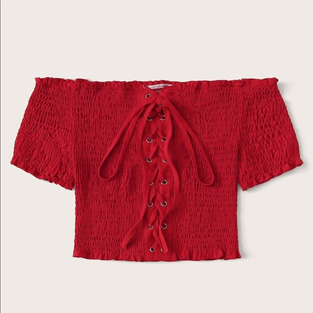 Lace Up Shirred Bardot Crop Top
